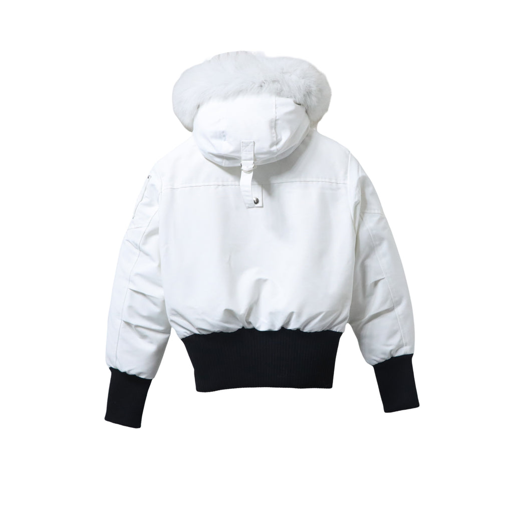 Moose Knuckles White & Black Pom-Pom Bomber Jacket