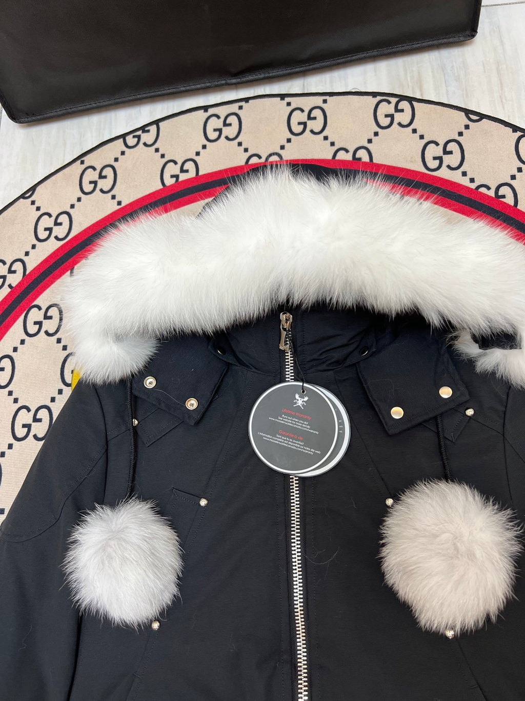 Moose Knuckles Black Pom-Pom Cropped Bomber Jacket