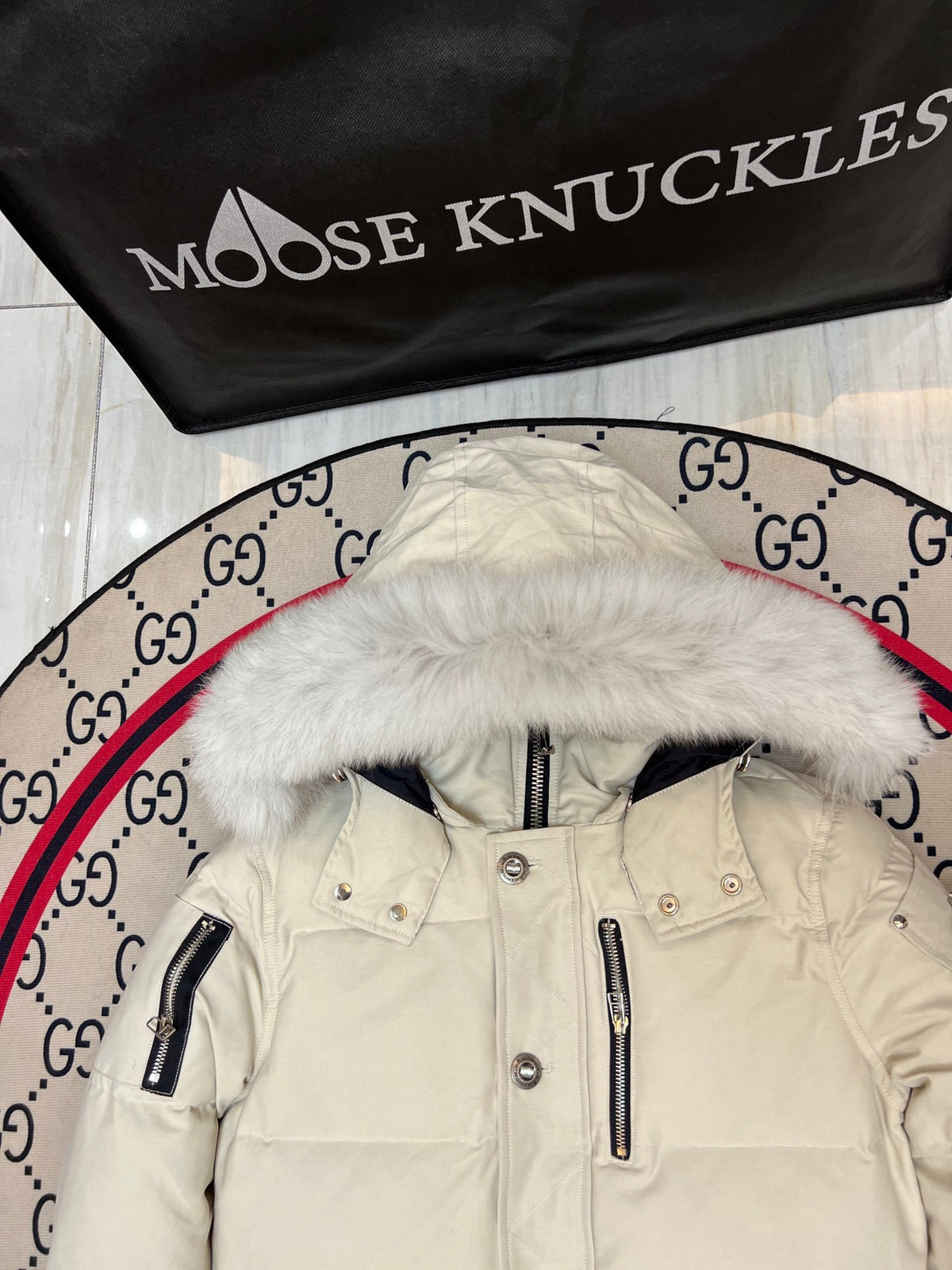 Moose Knuckles Ivory Plush-Trim Hooded Puffer Jacket