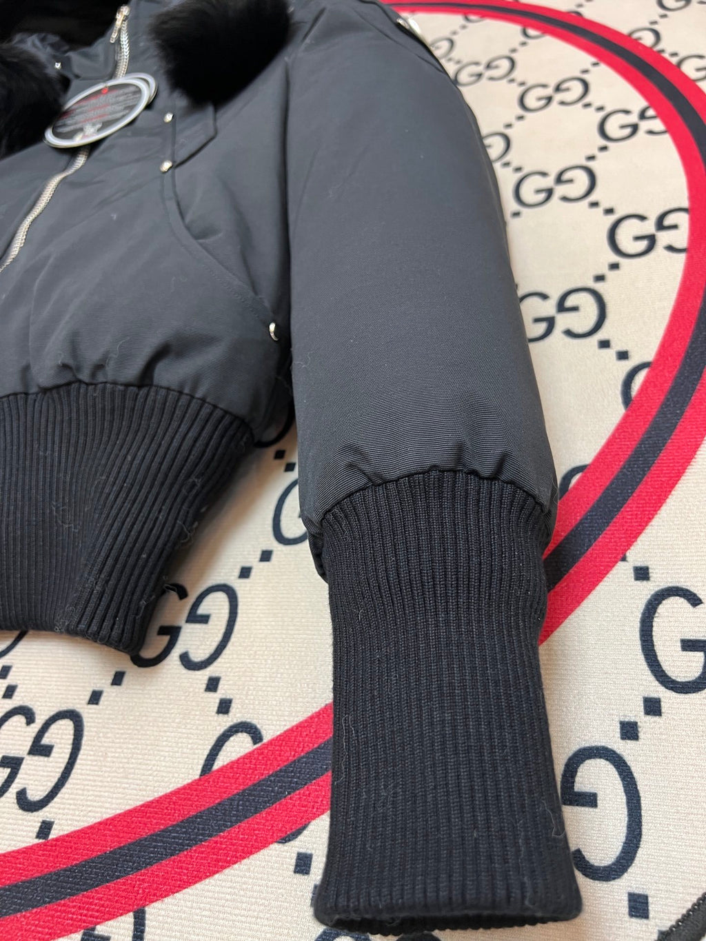 Moose Knuckles Black Pom-Pom Cropped Bomber Jacket