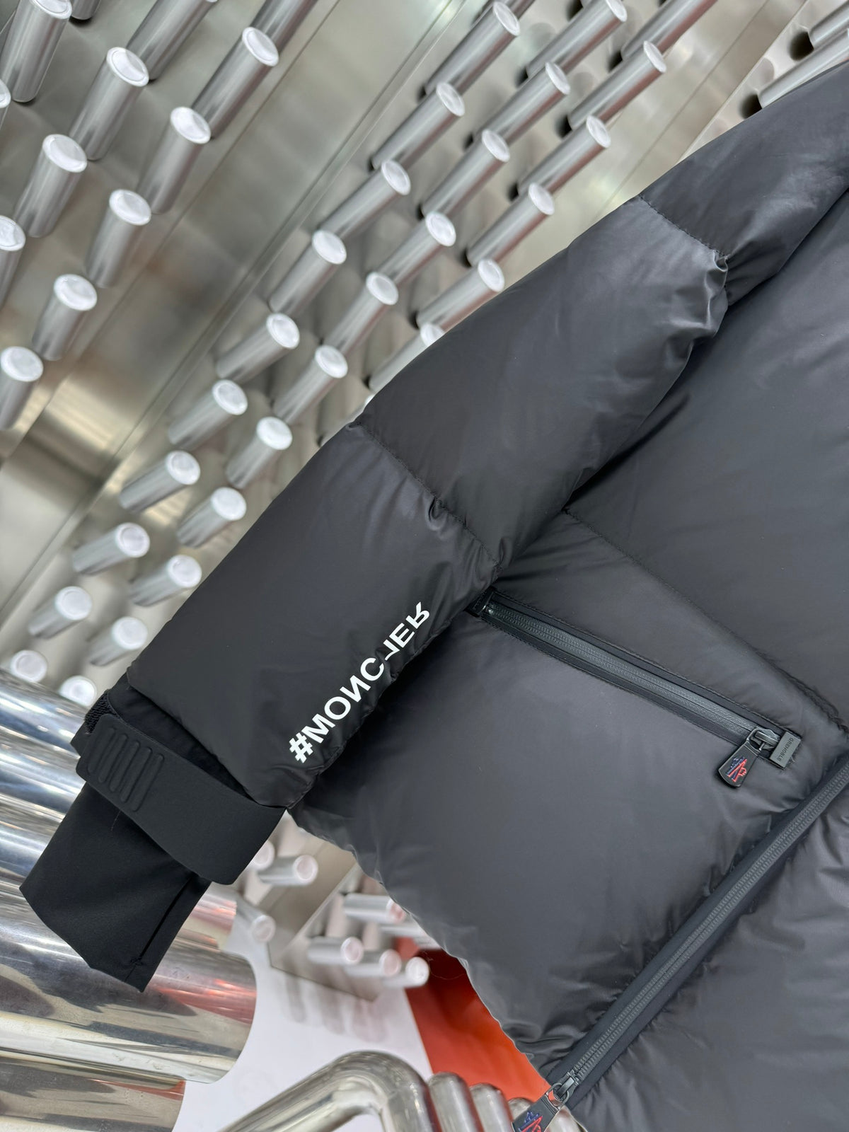 Moncler Black Graphic Back Stand Collar Puffer Jacket