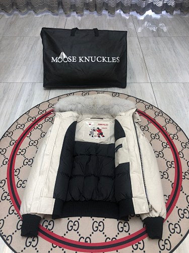 Moose Knuckles Ivory Plush-Trim Hooded Bomber Jacket