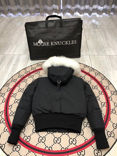Moose Knuckles Black Pom-Pom Cropped Bomber Jacket