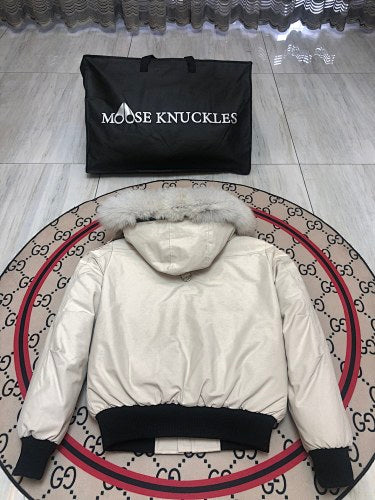 Moose Knuckles Ivory Plush-Trim Hooded Bomber Jacket