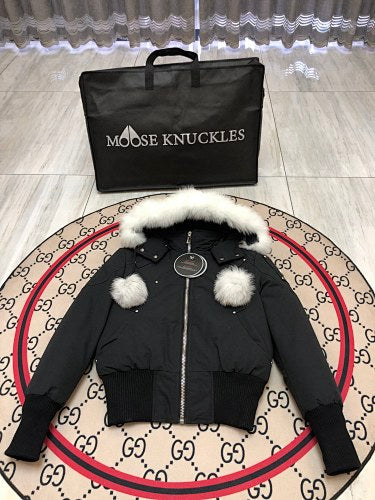 Moose Knuckles Black Pom-Pom Cropped Bomber Jacket
