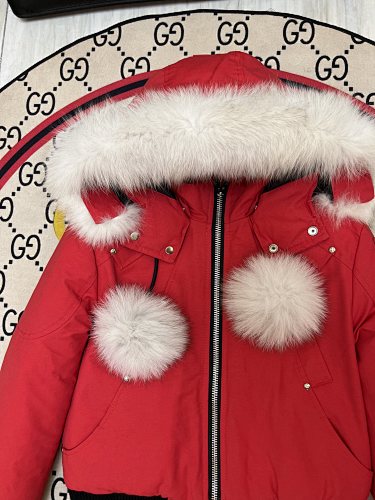 Moose Knuckles Red Pom-Pom Cropped Bomber Jacket