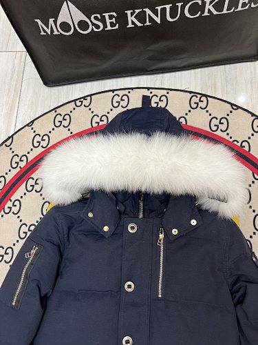 Moose Knuckles Navy Blue Plush-Trim Hooded Puffer Jacket