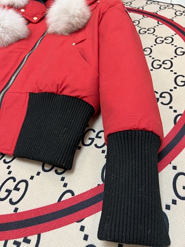 Moose Knuckles Red Pom-Pom Cropped Bomber Jacket