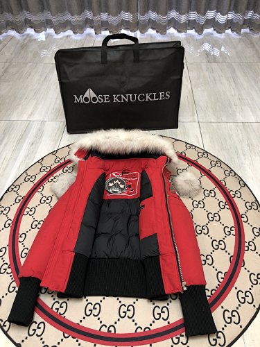 Moose Knuckles Red Pom-Pom Cropped Bomber Jacket