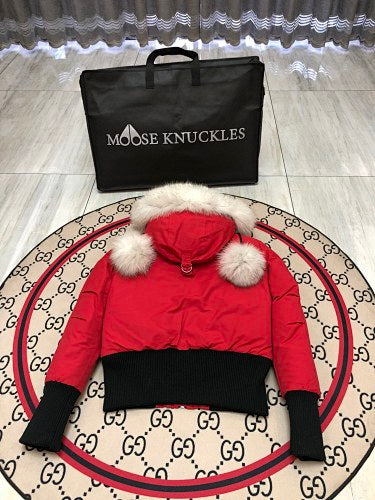 Moose Knuckles Red Pom-Pom Cropped Bomber Jacket
