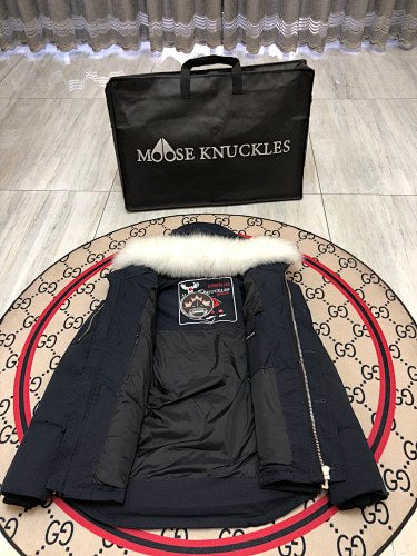Moose Knuckles Navy Blue Plush-Trim Hooded Puffer Jacket
