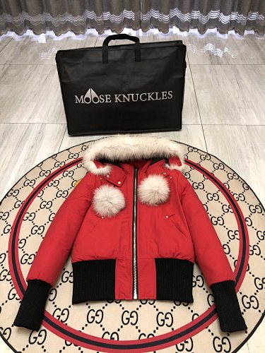 Moose Knuckles Red Pom-Pom Cropped Bomber Jacket
