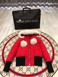 Moose Knuckles Red Pom-Pom Cropped Bomber Jacket