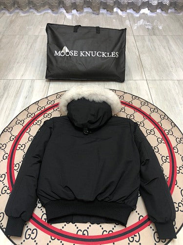 Moose Knuckles Black Plush-Trim Hooded Bomber Jacket
