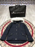 Moose Knuckles Navy Blue Plush-Trim Hooded Puffer Jacket
