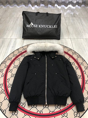Moose Knuckles Black Plush-Trim Hooded Bomber Jacket