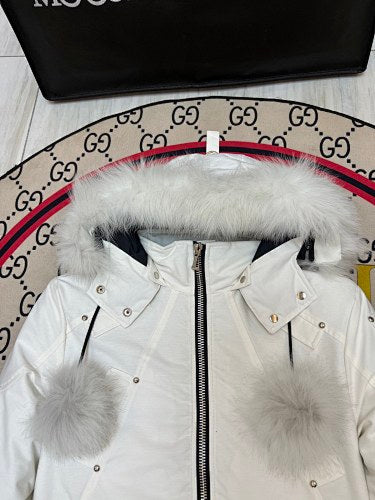 Moose Knuckles White Pom-Pom Cropped Bomber Jacket