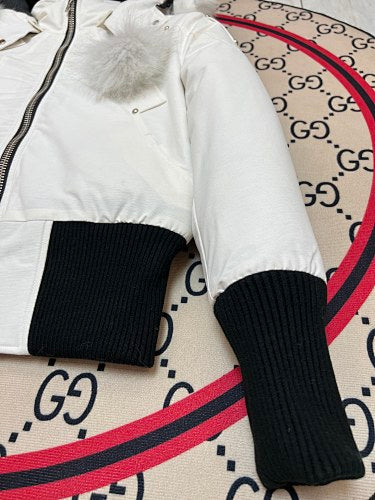 Moose Knuckles White Pom-Pom Cropped Bomber Jacket