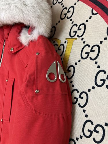 Moose Knuckles Red Plush-Trim Hooded Bomber Jacket