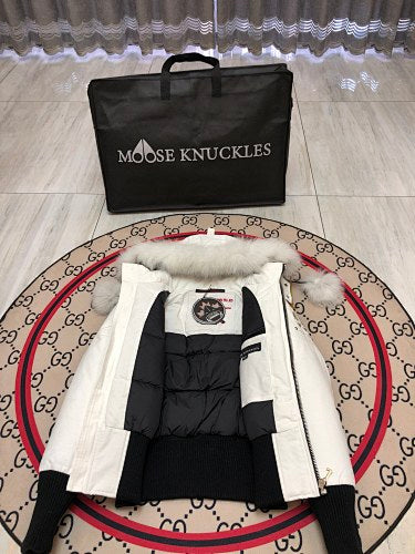 Moose Knuckles White Pom-Pom Cropped Bomber Jacket