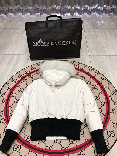 Moose Knuckles White Pom-Pom Cropped Bomber Jacket