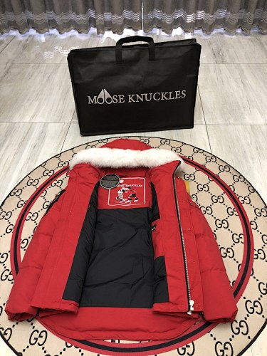 Moose Knuckles Red Plush-Trim Hooded Puffer Jacket