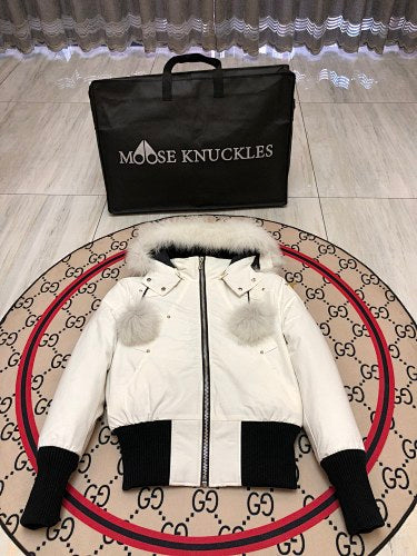 Moose Knuckles White Pom-Pom Cropped Bomber Jacket