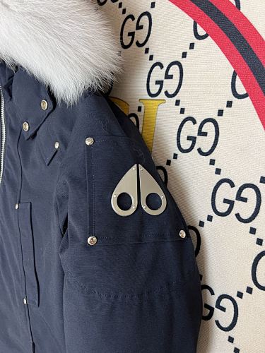 Moose Knuckles Navy Blue Plush-Trim Hooded Bomber Jacket