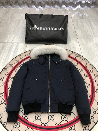 Moose Knuckles Navy Blue Plush-Trim Hooded Bomber Jacket