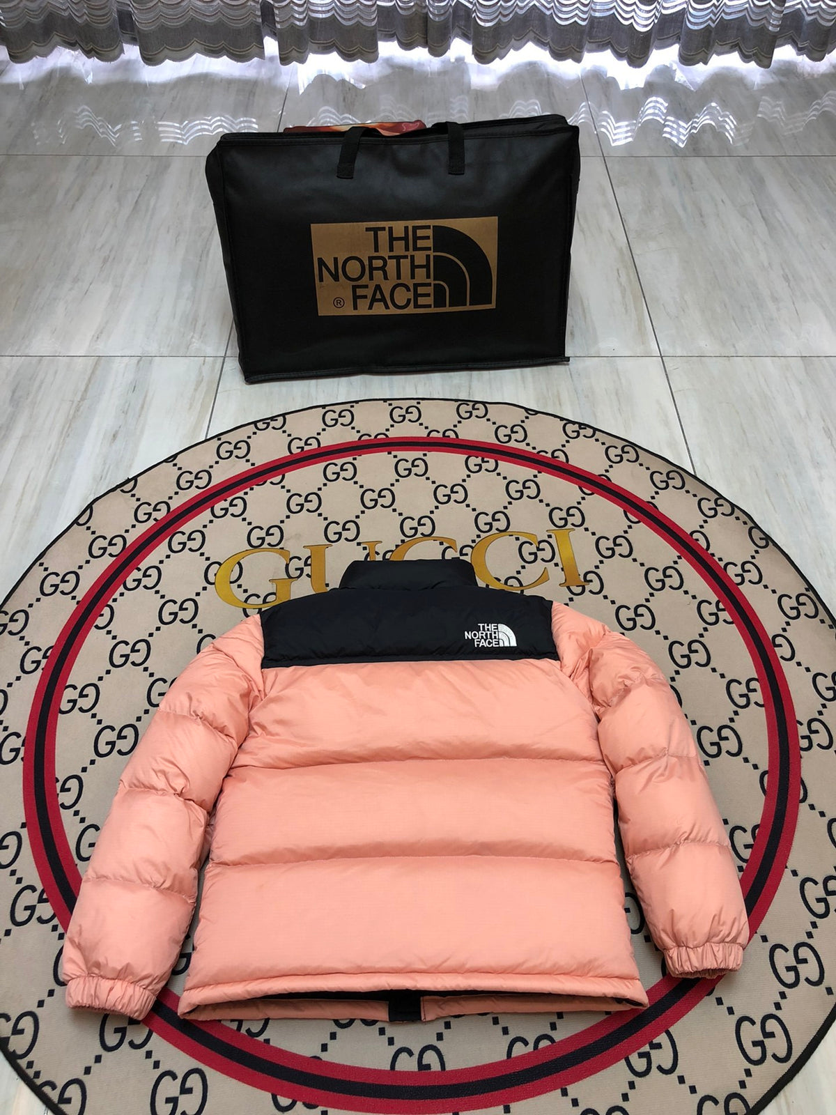 The North Face Peach Pink & Black Colorblock Puffer Jacket