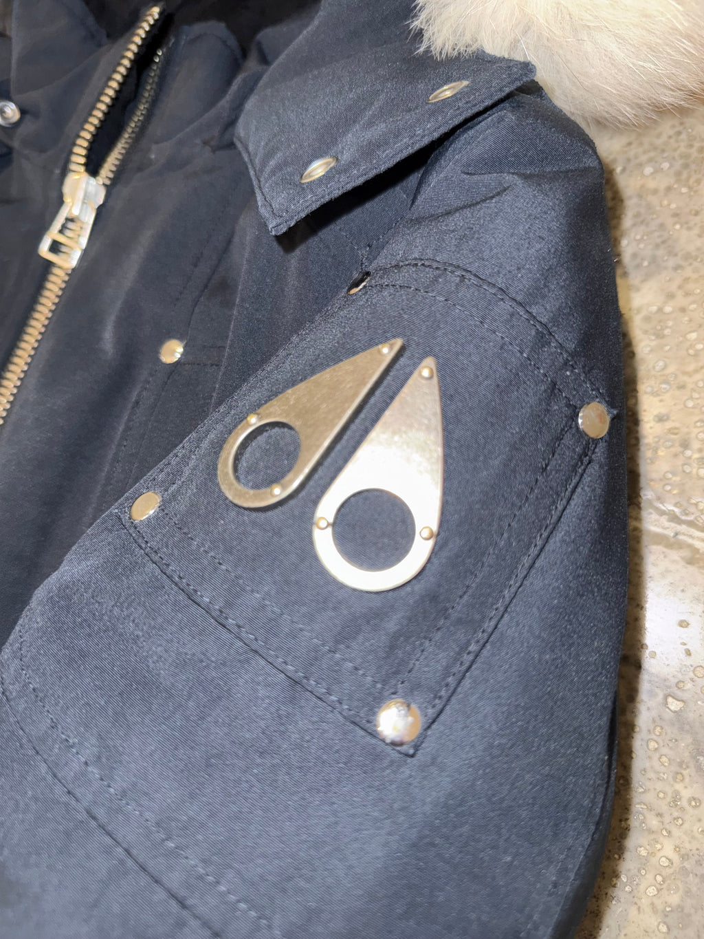 Moose Knuckles Navy Blue Plush-Trim Hooded Bomber Jacket
