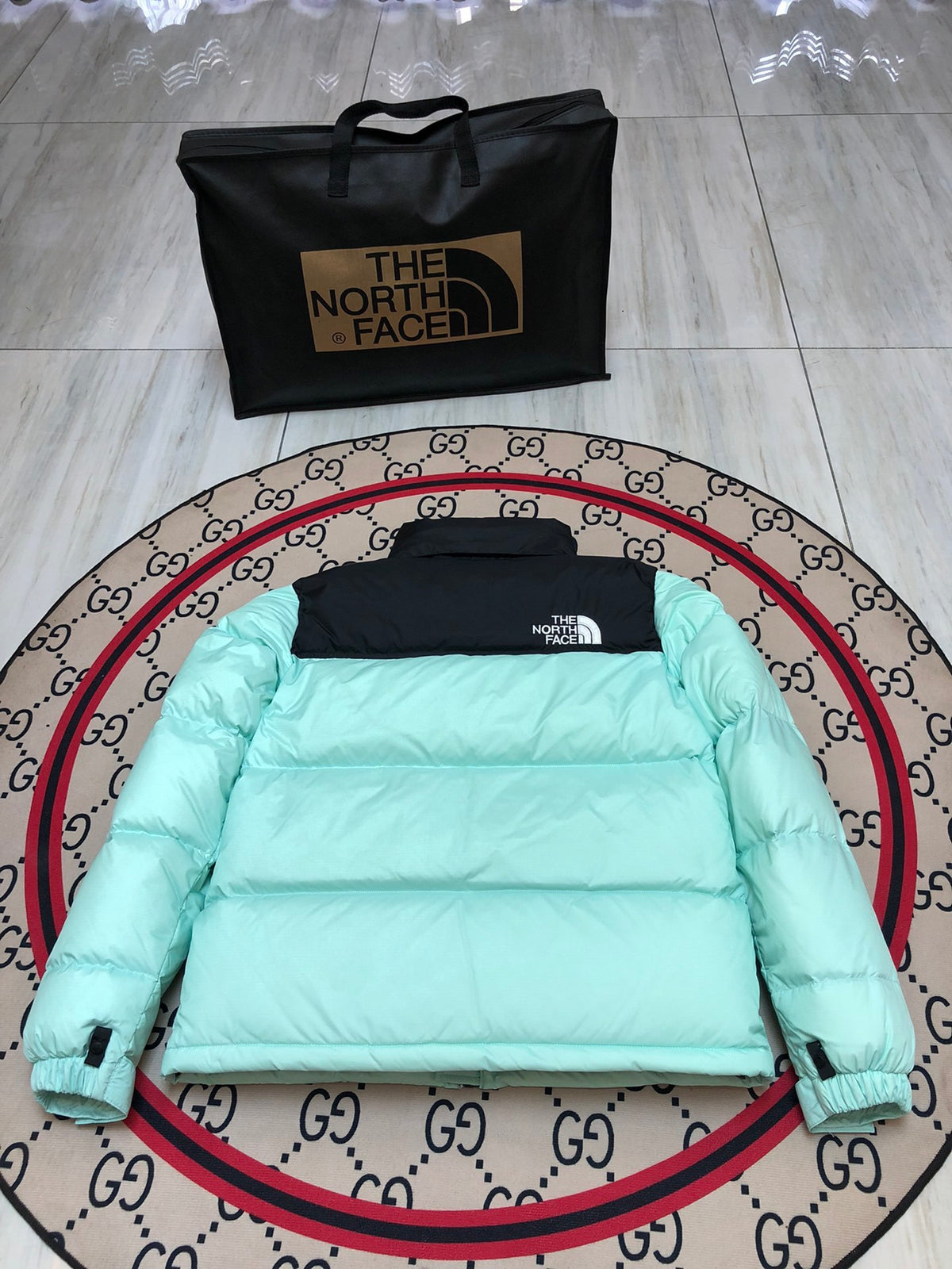 The North Face Mint Green & Black Colorblock Puffer Jacket