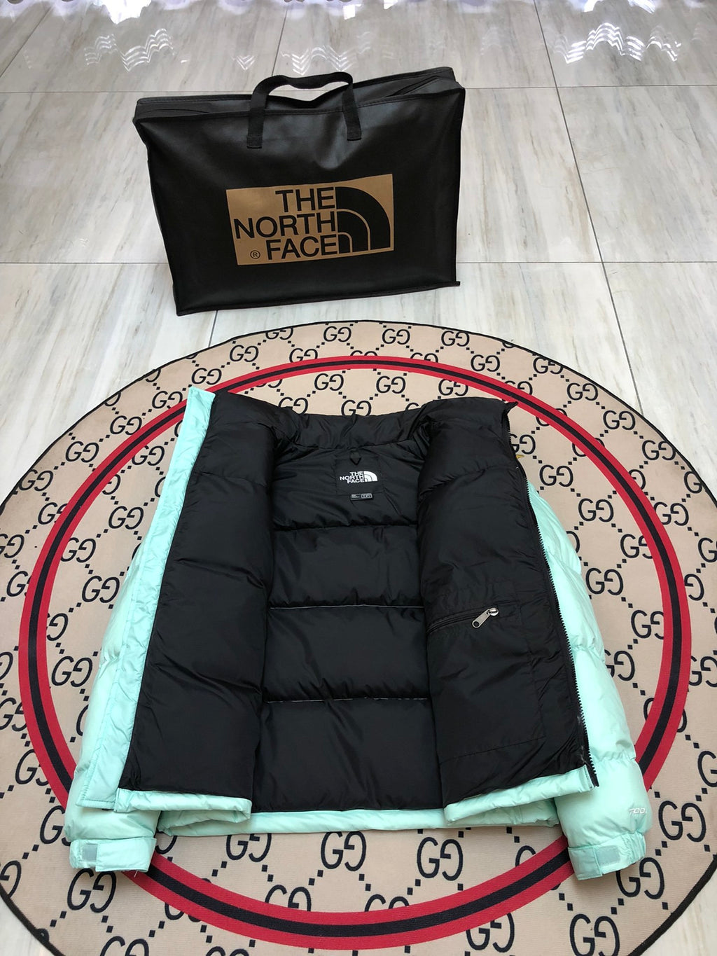 The North Face Mint Green & Black Colorblock Puffer Jacket