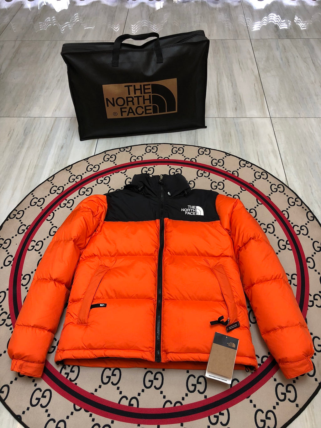 The North Face Orange & Black Colorblock Puffer Jacket