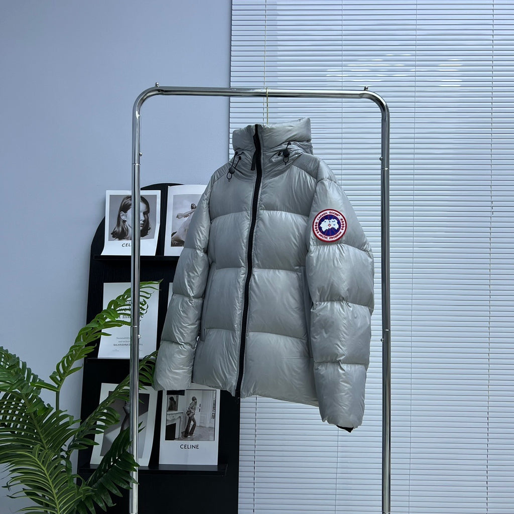 Canada Goose Silver Gray Logo Badge Hooded Puffer Jacket