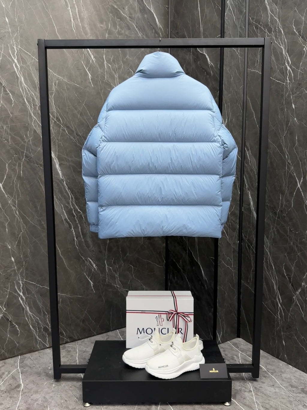 Moncler Ice Blue Chest Logo Stand Collar Puffer Jacket