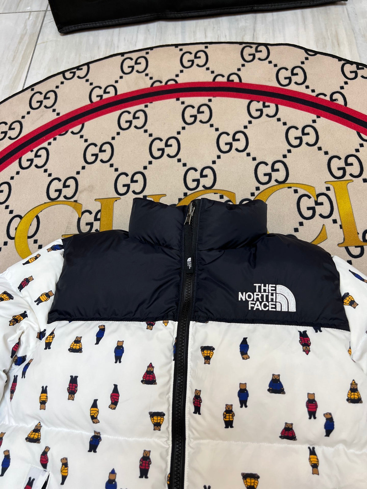 The North Face White & Black Bear Print Puffer Jacket