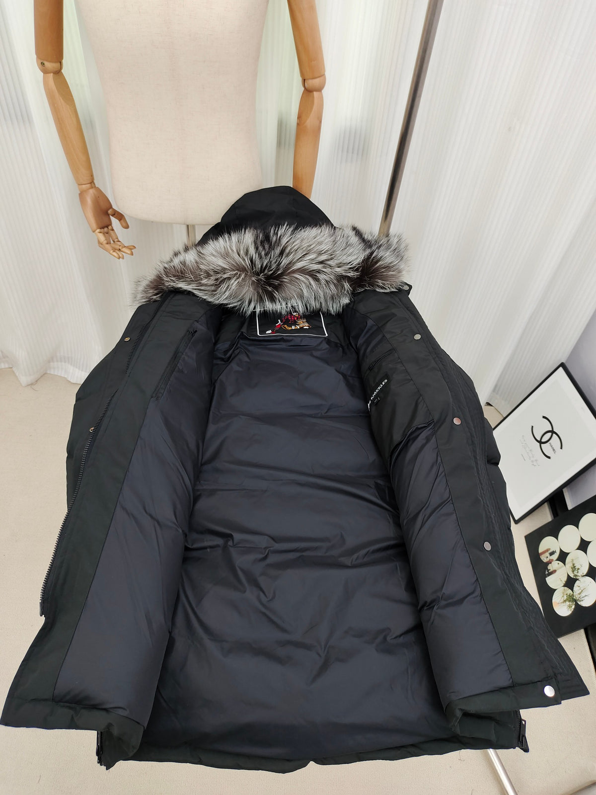 Moose Knuckles Charcoal Gray Hooded Long Puffer Coat