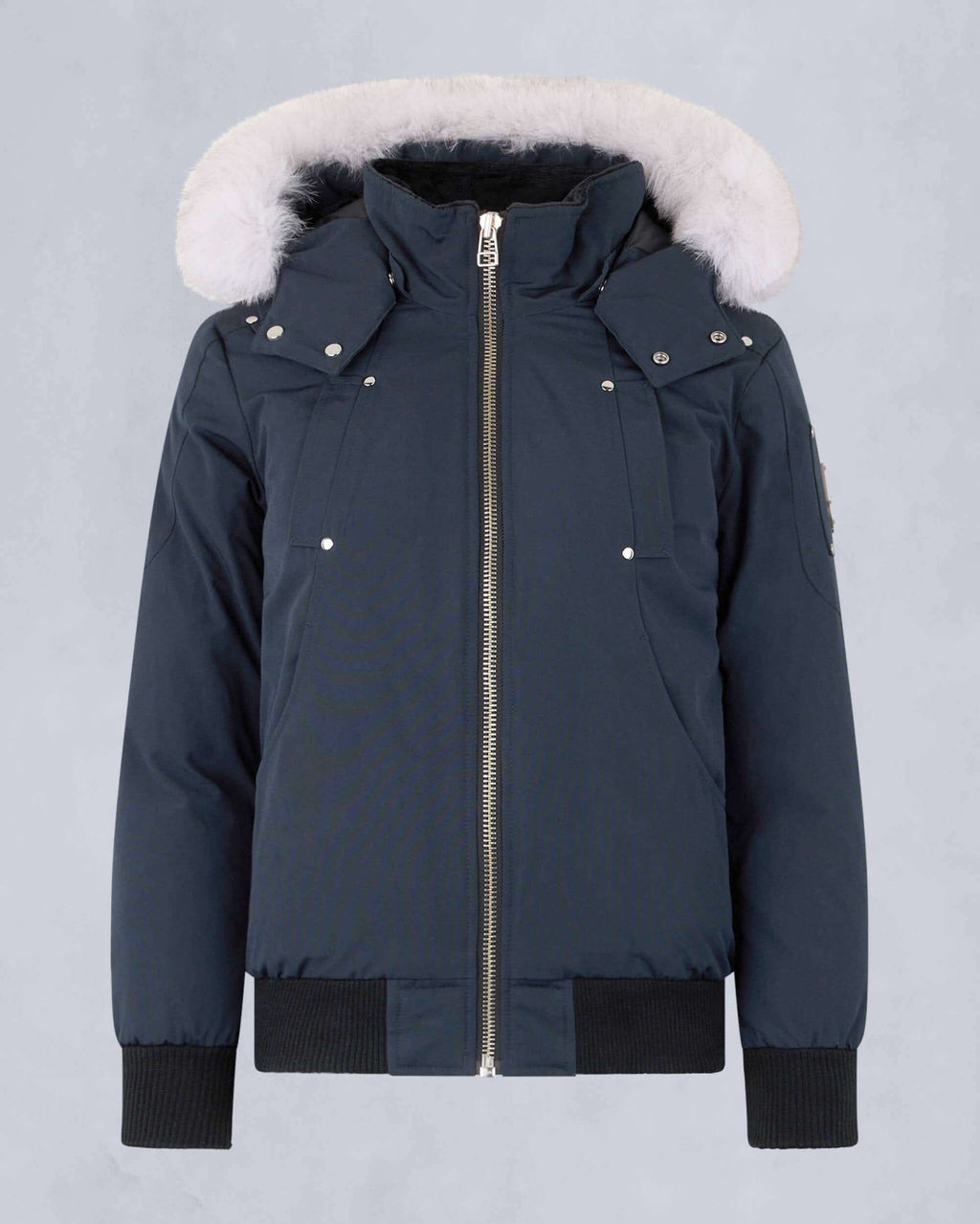 Moose Knuckles Navy Blue Plush-Trim Hooded Bomber Jacket