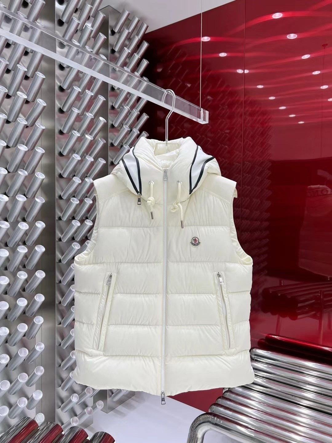 Moncler White Logo Hood Quilted Puffer Vest