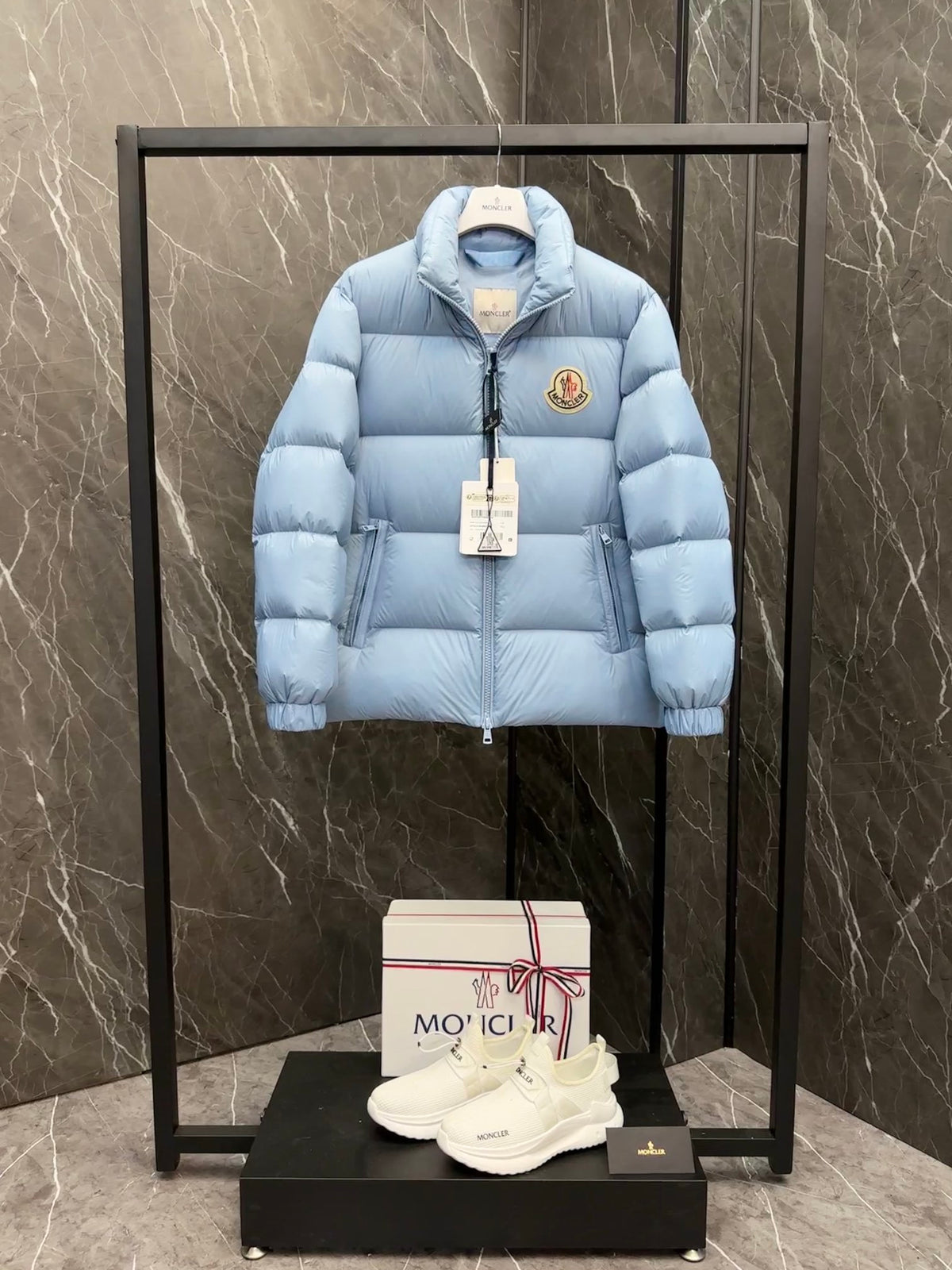 Moncler Ice Blue Chest Logo Stand Collar Puffer Jacket