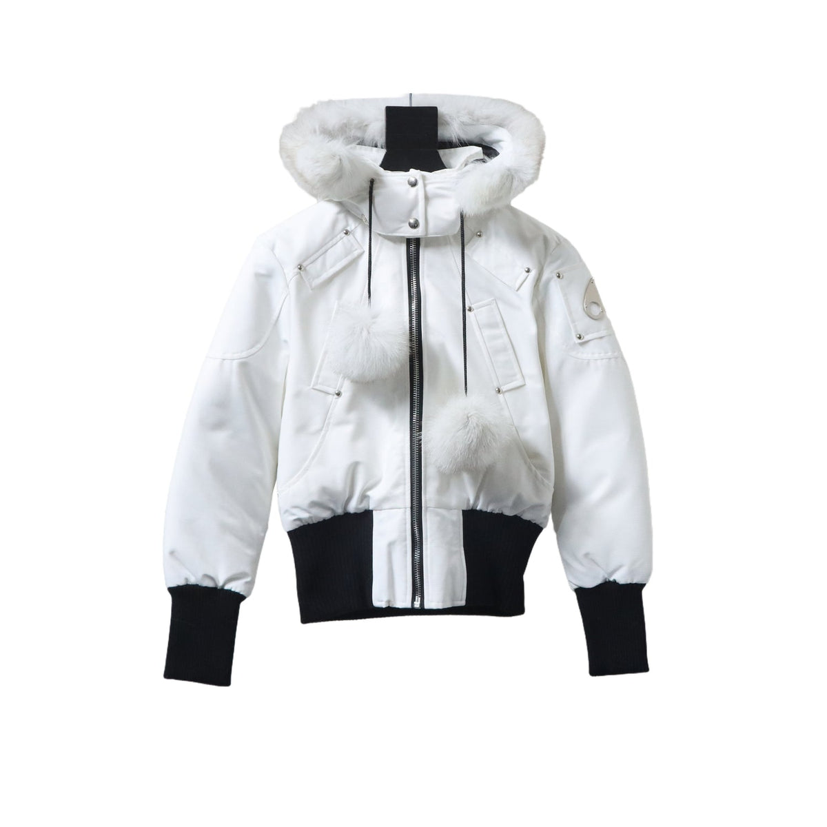 Moose Knuckles White & Black Pom-Pom Bomber Jacket