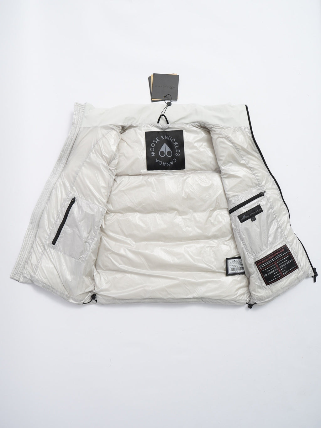 Moose Knuckles White Metallic Logo Quilted Puffer Vest
