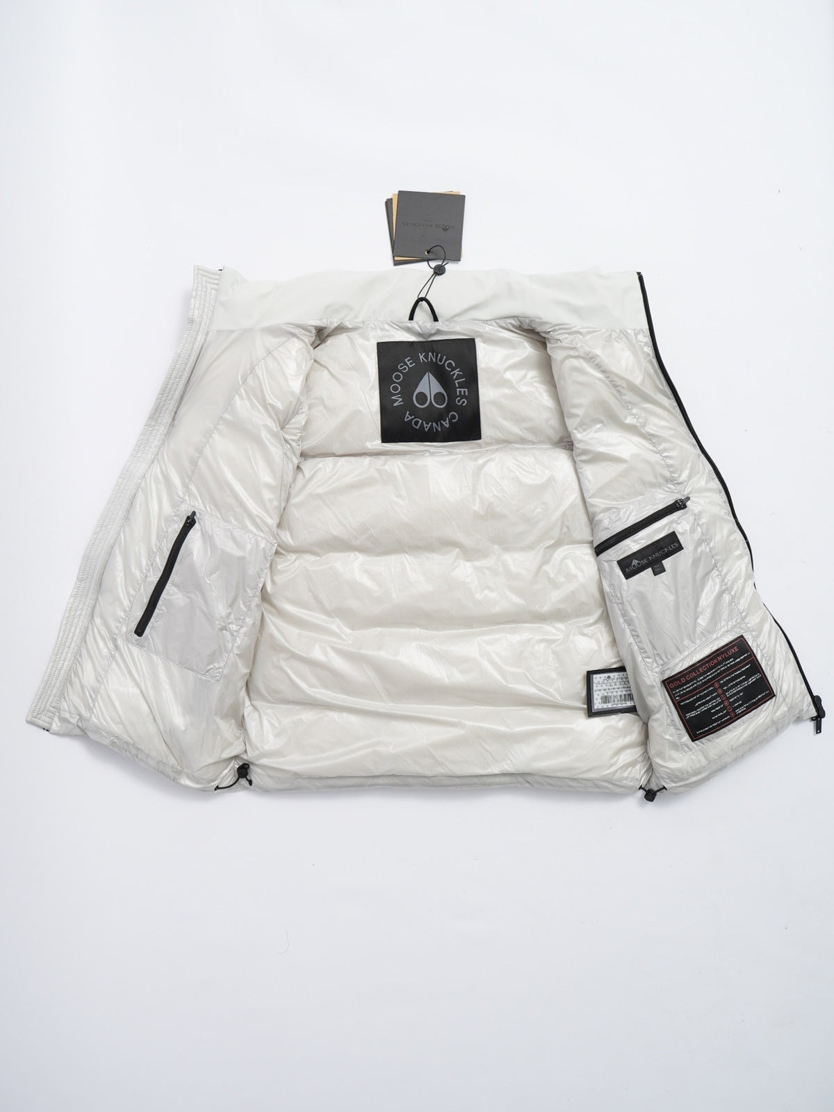 Moose Knuckles White Metallic Logo Quilted Puffer Vest