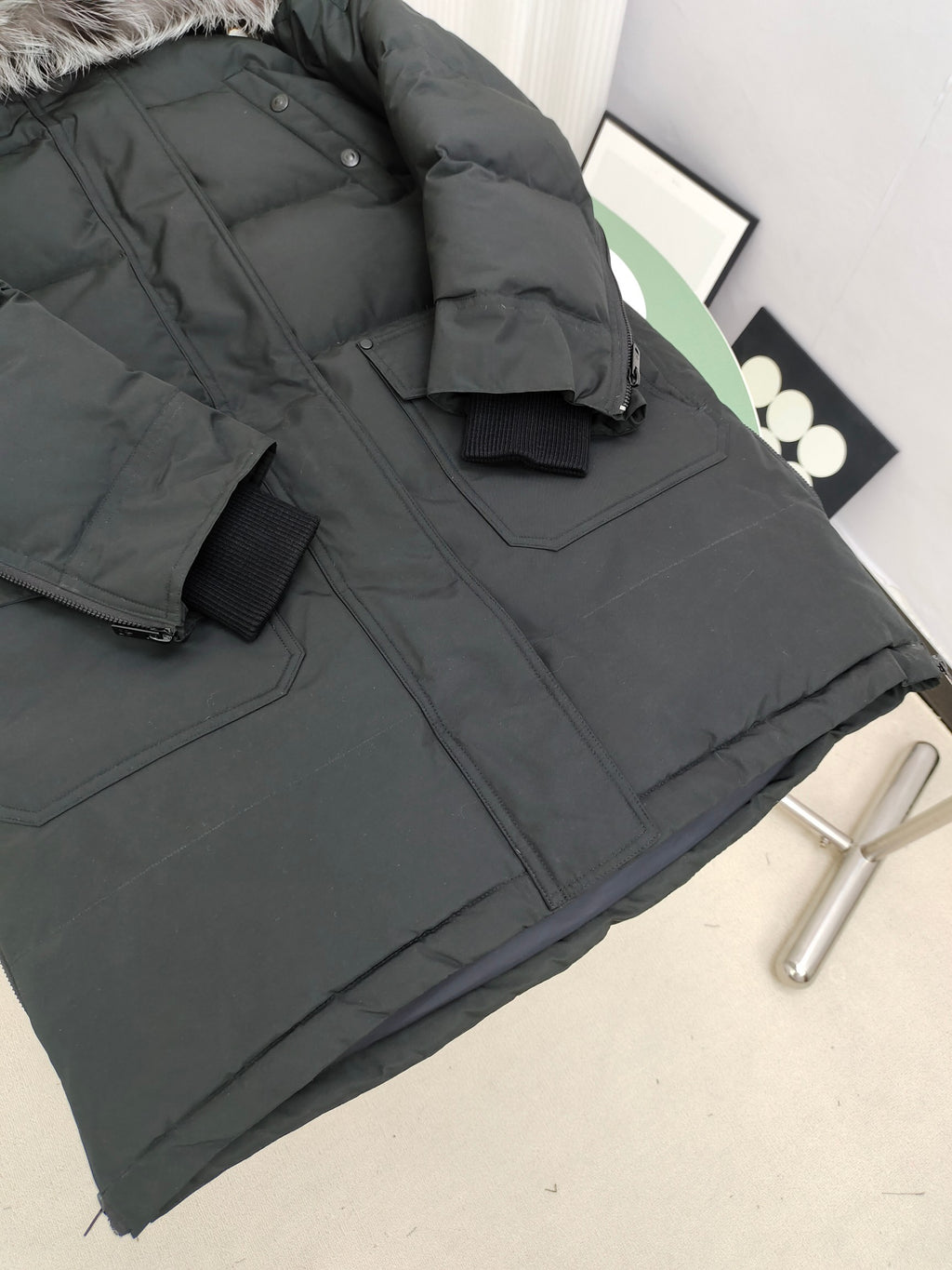 Moose Knuckles Charcoal Gray Hooded Long Puffer Coat