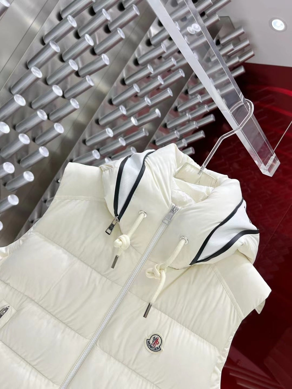 Moncler White Logo Hood Quilted Puffer Vest