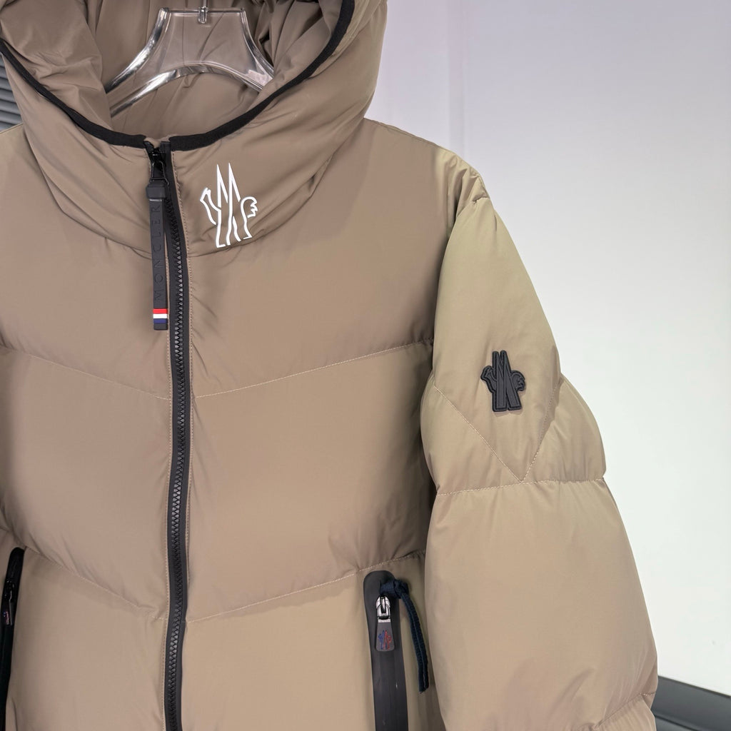 Moncler Sand Beige Chevron-Quilt Hooded Puffer Jacket