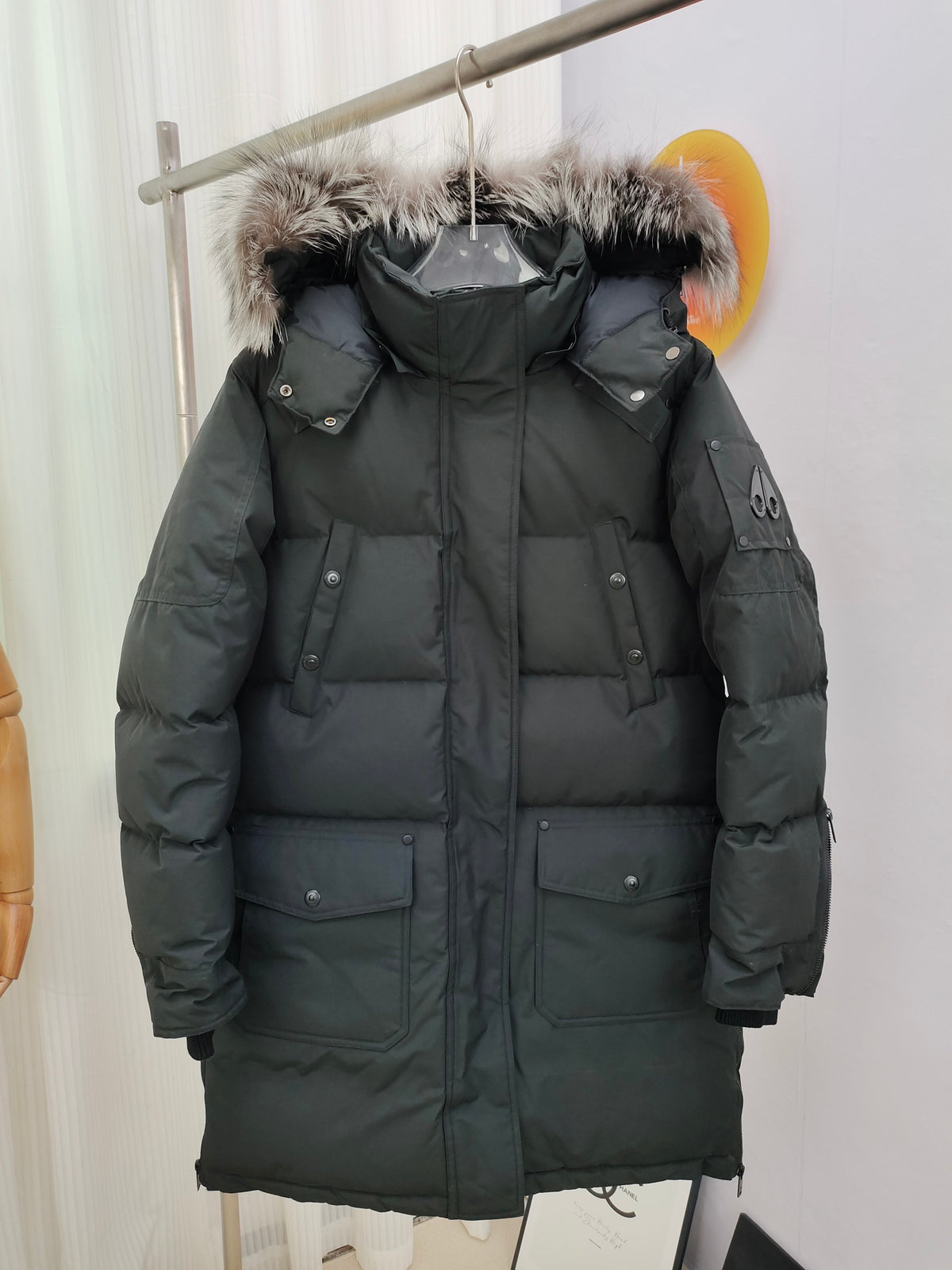 Moose Knuckles Charcoal Gray Hooded Long Puffer Coat