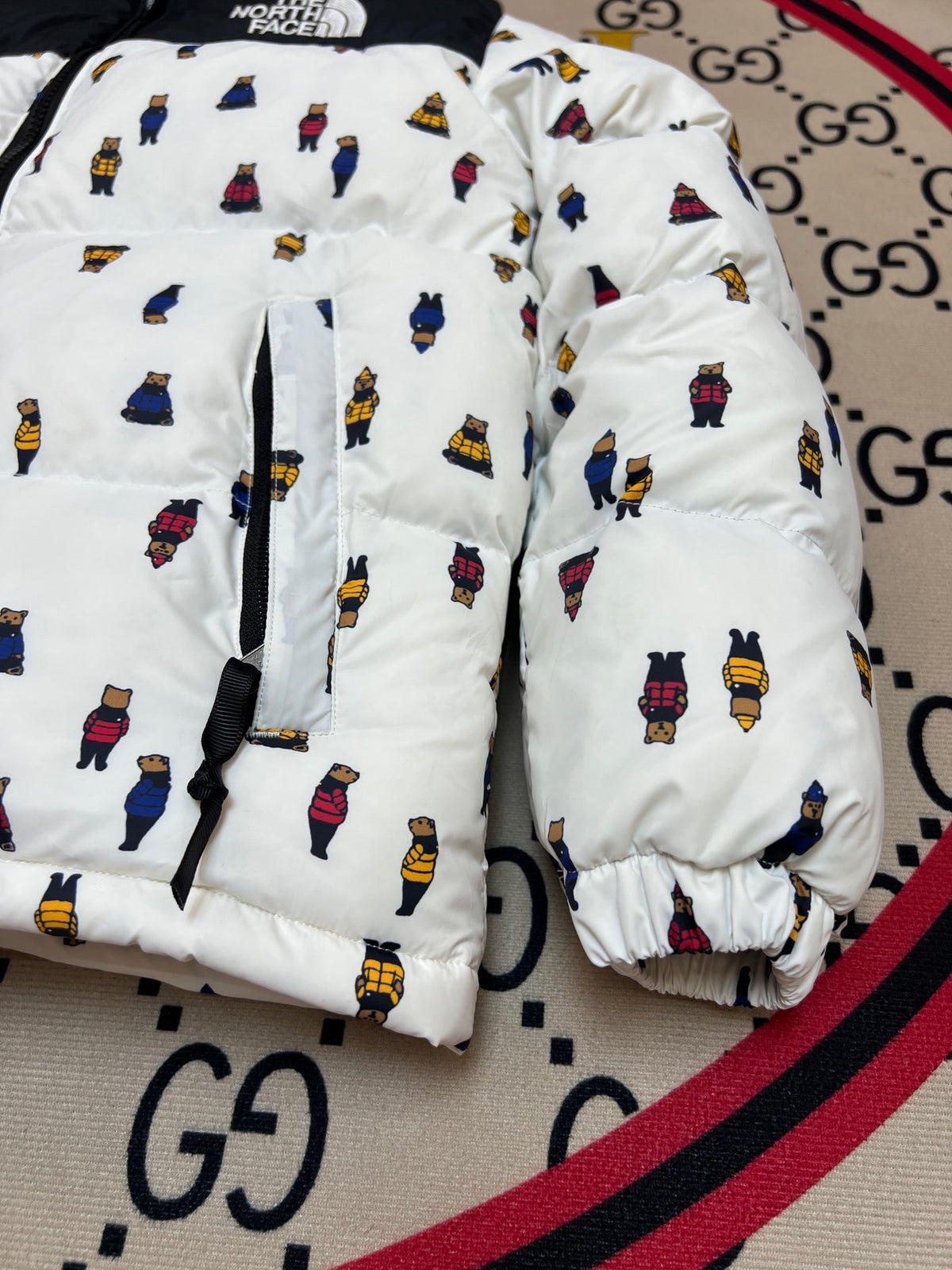 The North Face White & Black Bear Print Puffer Jacket