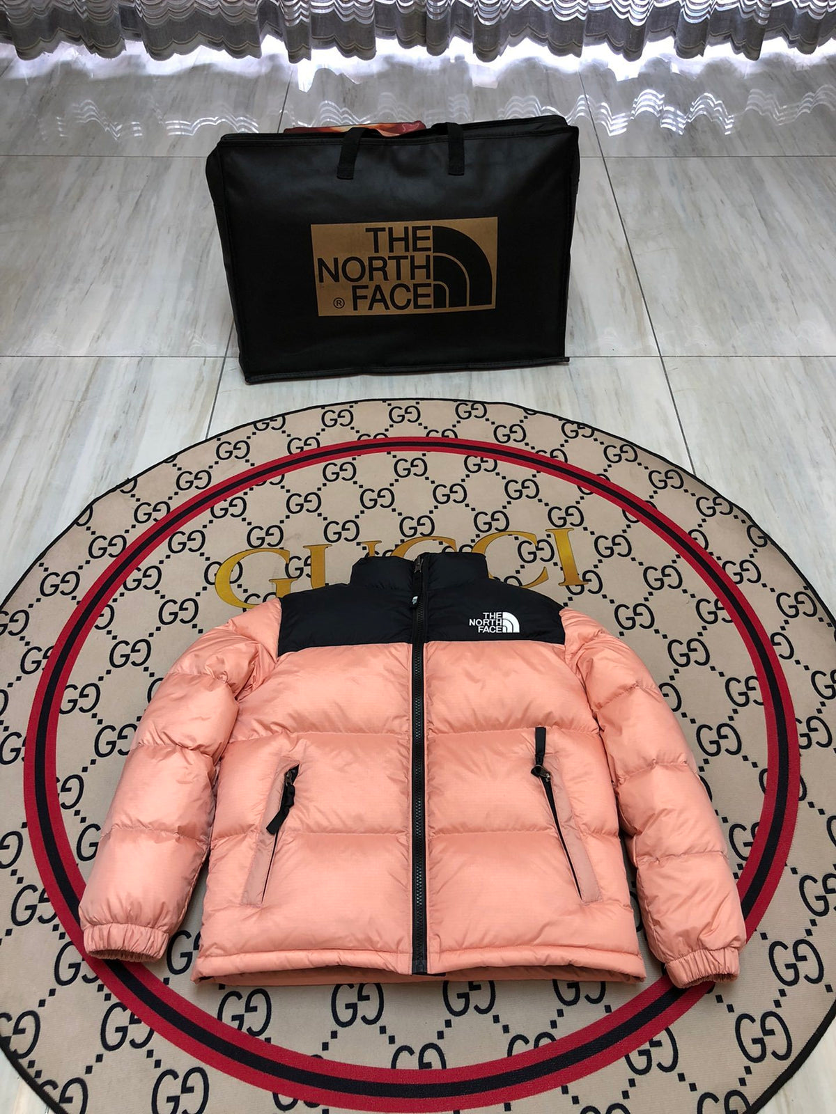 The North Face Peach Pink & Black Colorblock Puffer Jacket